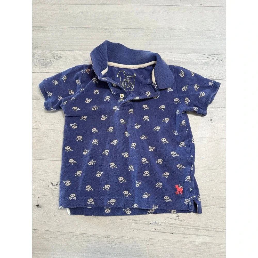 Mini Boden boys blue‎ skull and crossbones polo shirt 4/5
